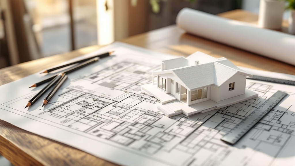 ADU blueprints and scale model on a design desk