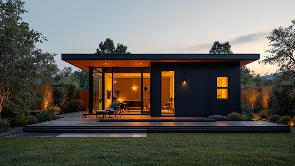 Modern detached ADU in a California backyard at dusk