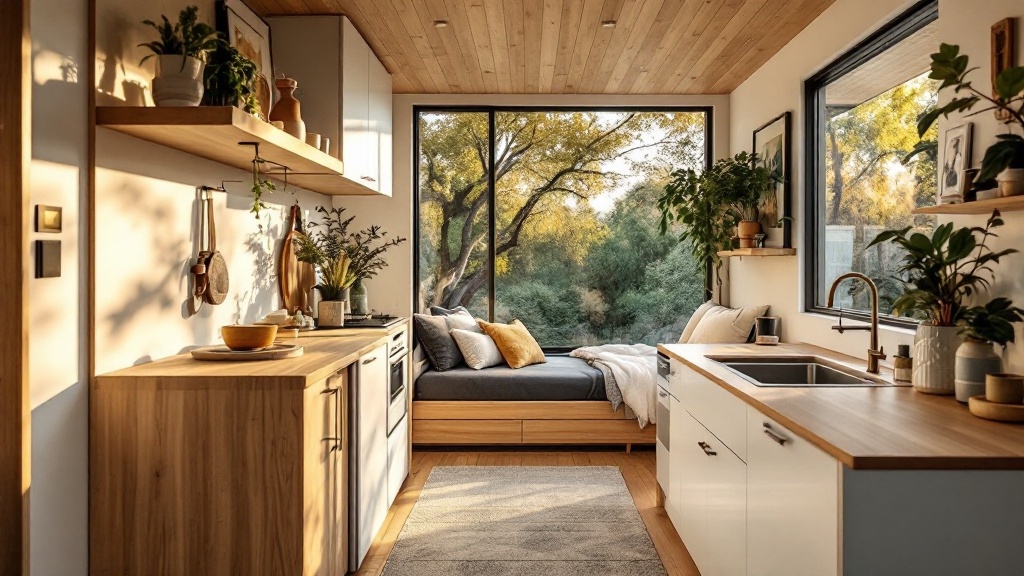 Compact junior ADU studio interior with kitchenette