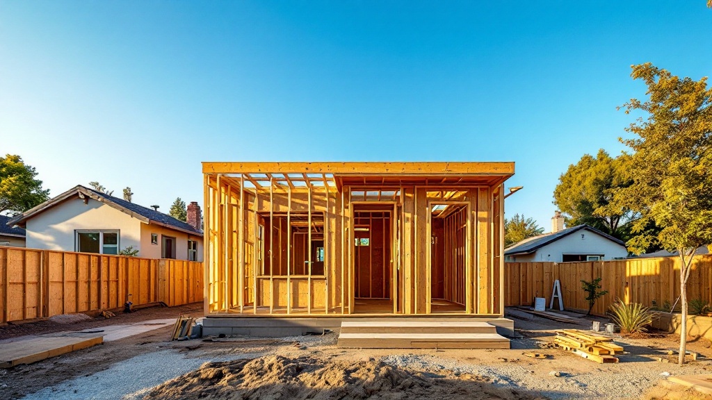 Backyard ADU under construction with new wood framing
